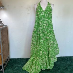Vintage Nicholas Lime Green Tonal Paisley Print Halter Ruffled Wrap Shir…